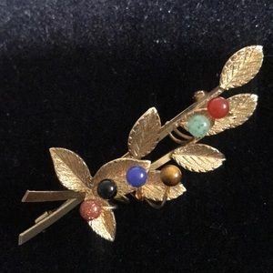Vintage Jeweled Leaf Branch Brooch